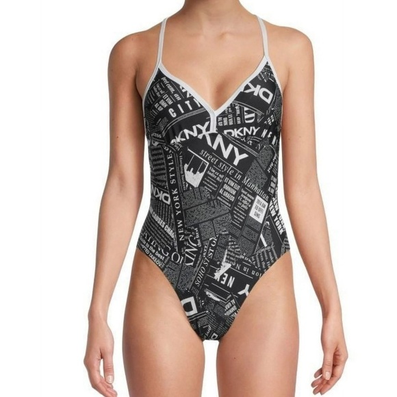 DKNY BLACK WHITE Graphic T-Back One-Piece Swimsuit M - Picture 2 of 11